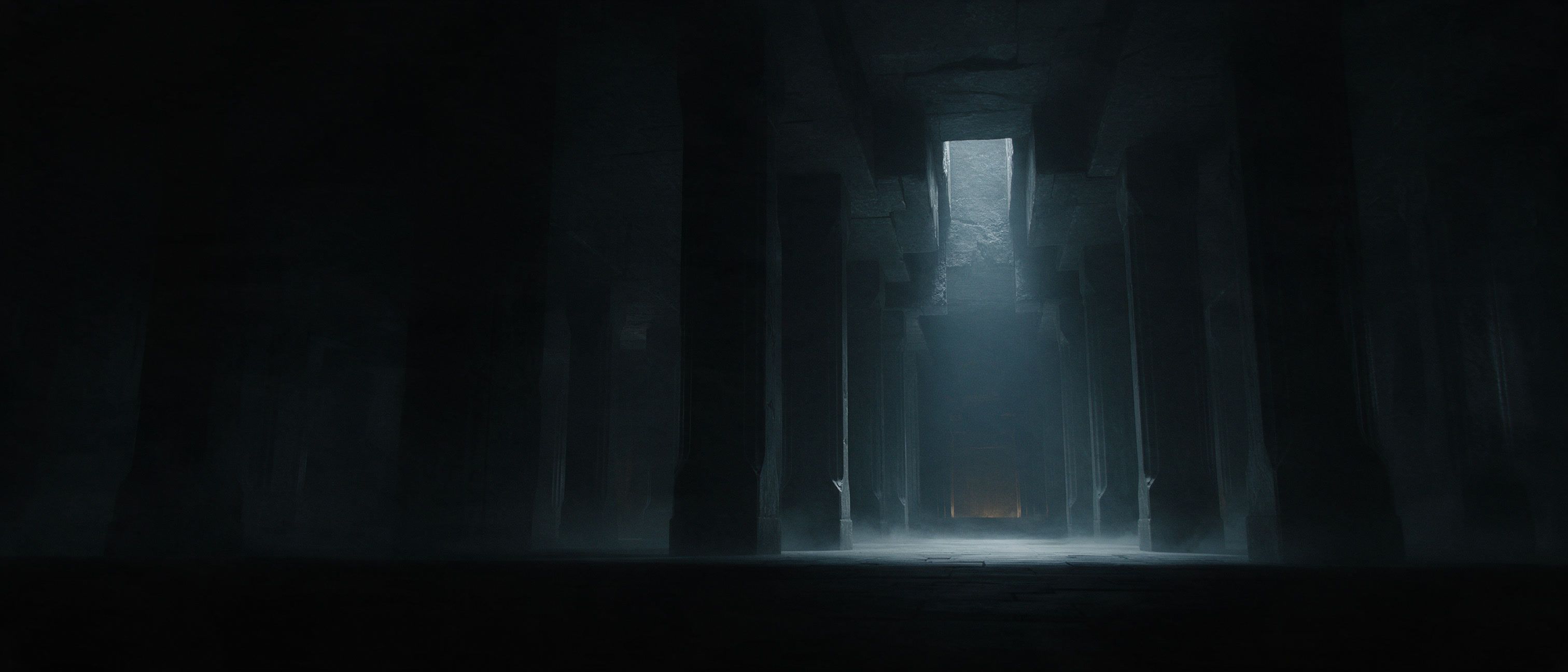 Eine gewaltige dunkle Halle aus Basalt mit Reihen riesiger Säulen, durch einen Schacht fällt kaltes Licht, ganz hinten glimmt ein warmes Licht