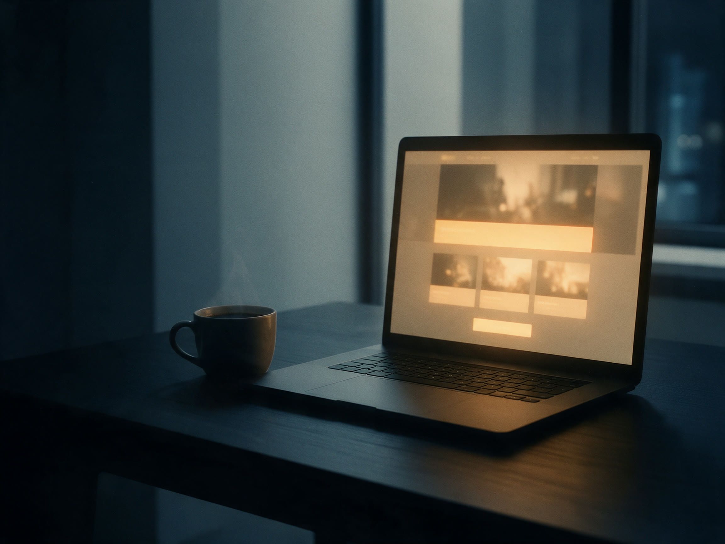 Ein aufgeklappter Laptop auf einem dunklen, modernen Schreibtisch zeigt eine Firmenwebseite, daneben eine Tasse Kaffee