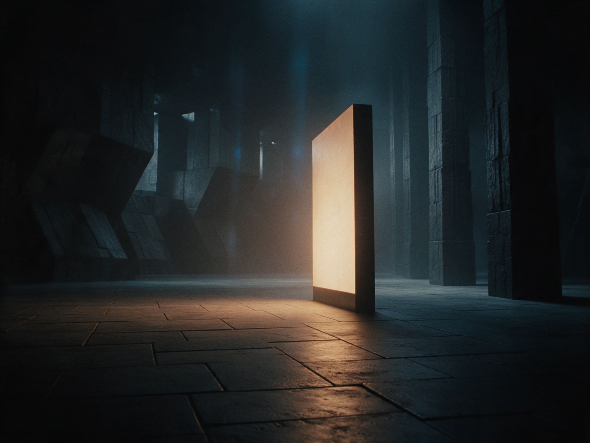 Ein schwarzer Monolith steht in einer dunklen Steinhalle, seine Vorderseite leuchtet warm wie ein Bildschirm