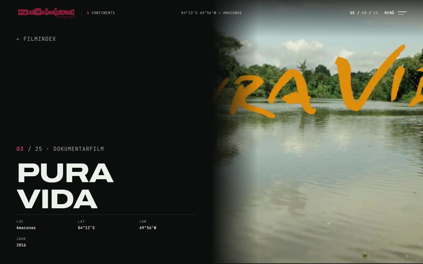 Filmseite Pura Vida auf nwspirits.com mit Datenleiste zu Ort, Koordinaten und Jahr