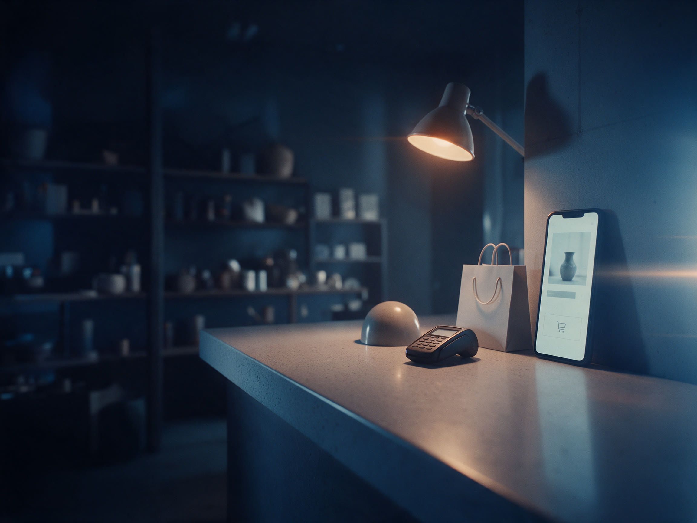 Die Theke eines kleinen Ladens am Abend mit Produkten, Kartenterminal, Papiertasche und einem Smartphone mit Onlineshop